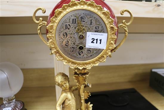 A 19th century French gilt spelter mantel timepiece, 22.5in.